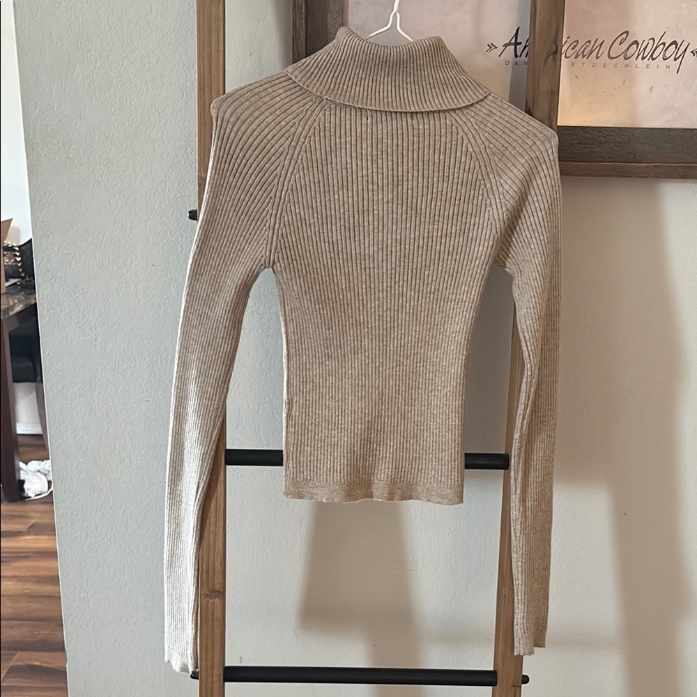 Tan Ribbed Knit Cowl Turtleneck Sweater